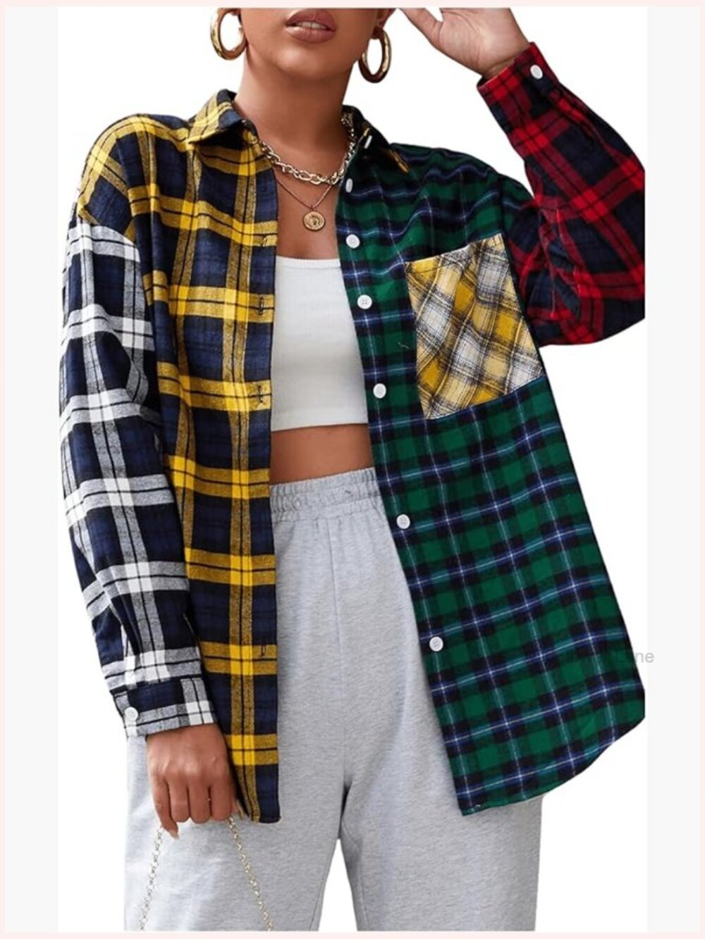 Tartan Color Block Long Sleeve Button Down Blouse